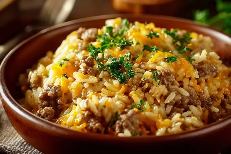 Cheesy hamburger rice casserole served on a plate with fresh herbs