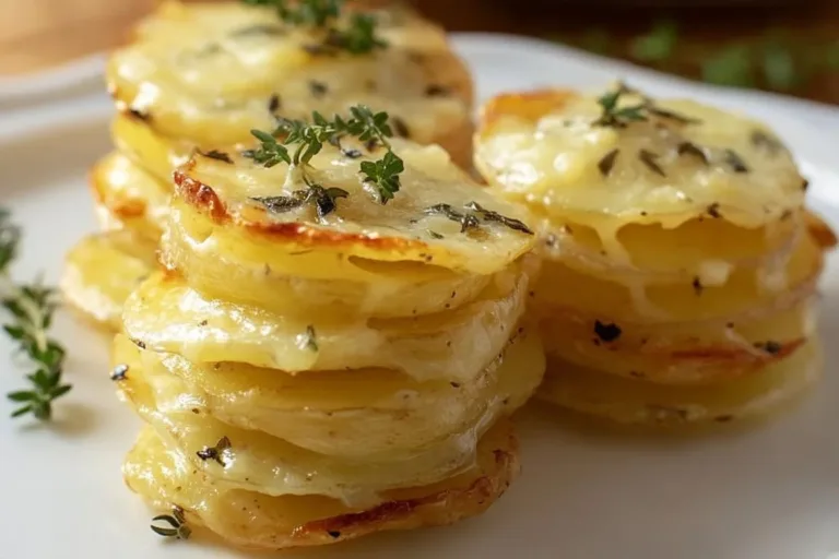 Cheesy potato stacks garnished with herbs, showcasing layers of cheese and potatoes.
