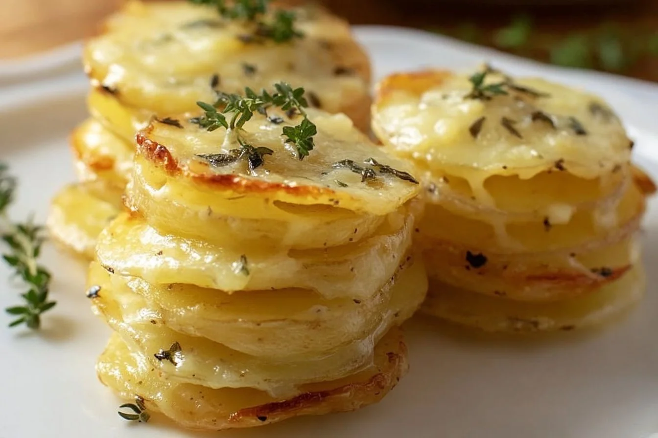 Cheesy potato stacks garnished with herbs, showcasing layers of cheese and potatoes.