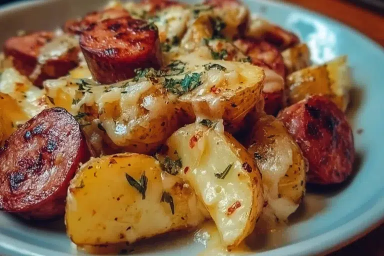 Cheesy ranch potatoes with smoked sausage in a colorful serving dish