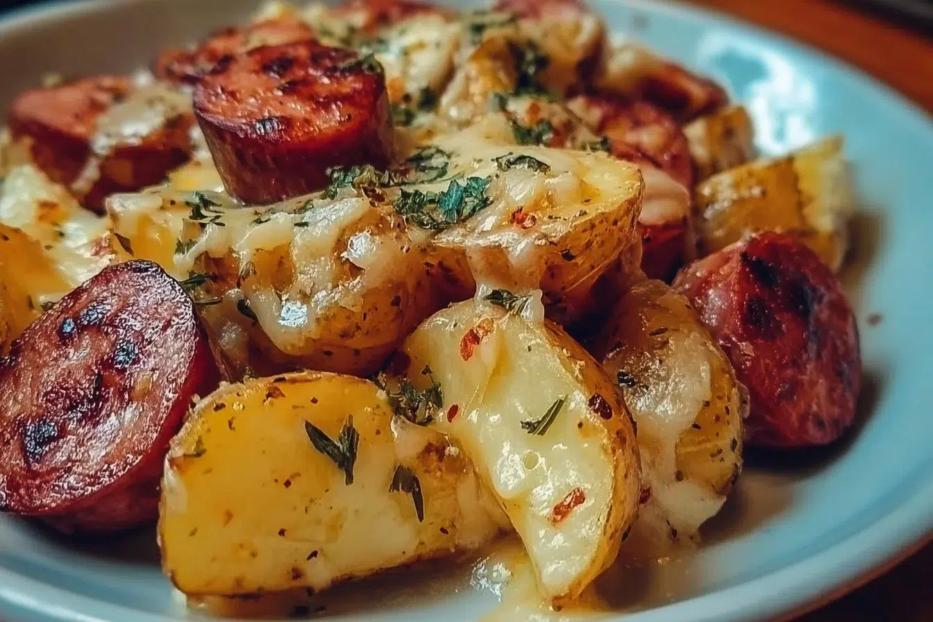 Cheesy ranch potatoes with smoked sausage in a colorful serving dish