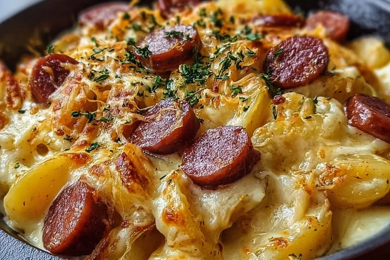 Cheesy Ranch Potatoes with Smoked Sausage served in a dish