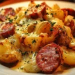 Cheesy ranch potatoes with smoked sausage in a delicious dish