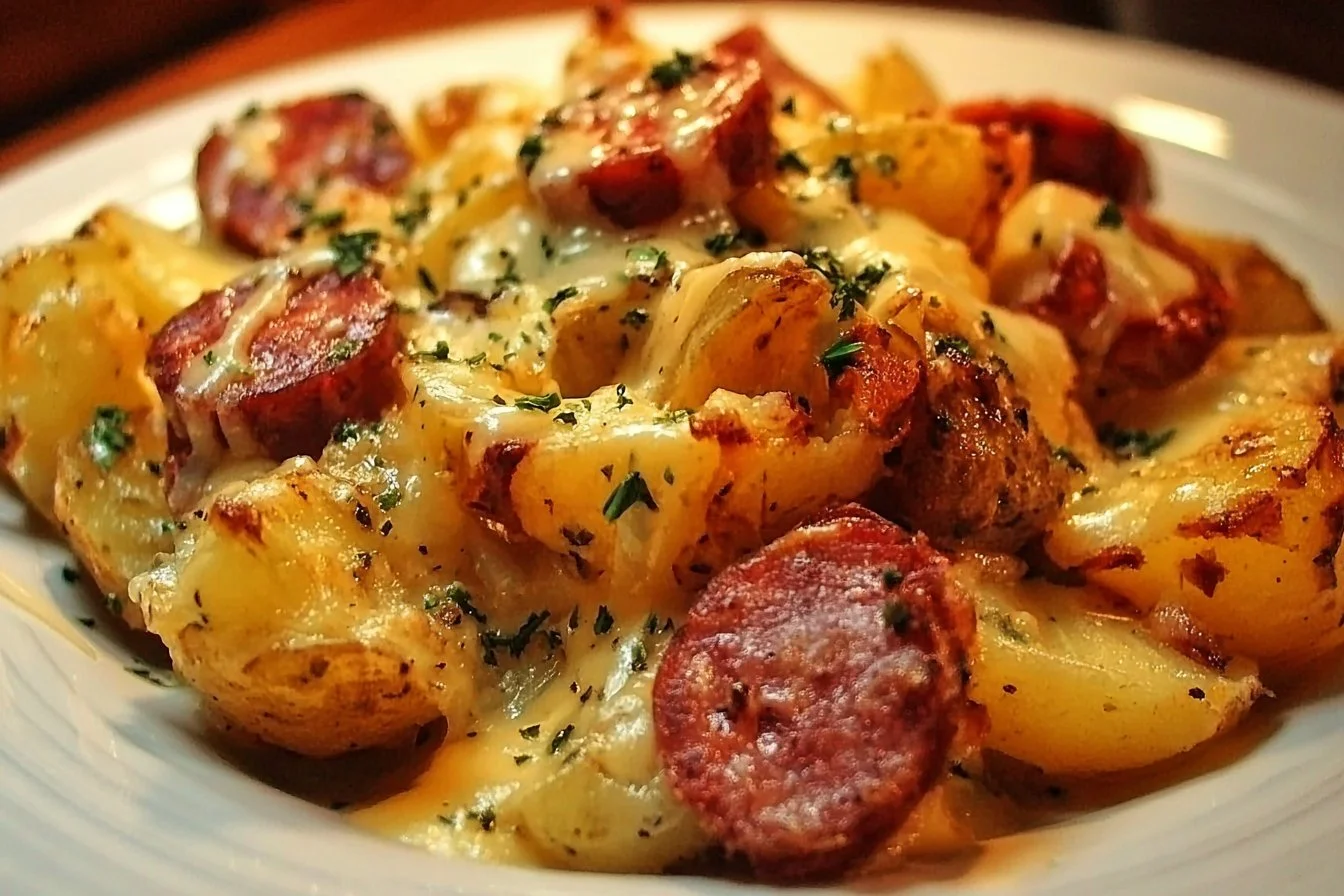 Cheesy ranch potatoes with smoked sausage in a delicious dish