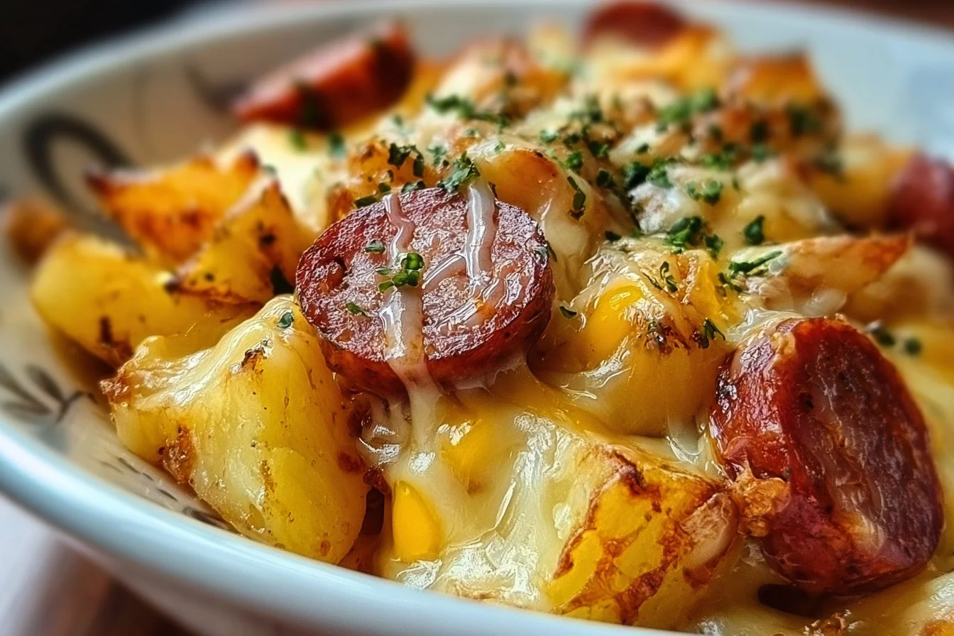 Delicious cheesy ranch potatoes with smoked sausage on a plate
