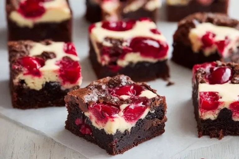 Delicious Cherry Cheesecake Brownies topped with cherries and creamy cheesecake layer.