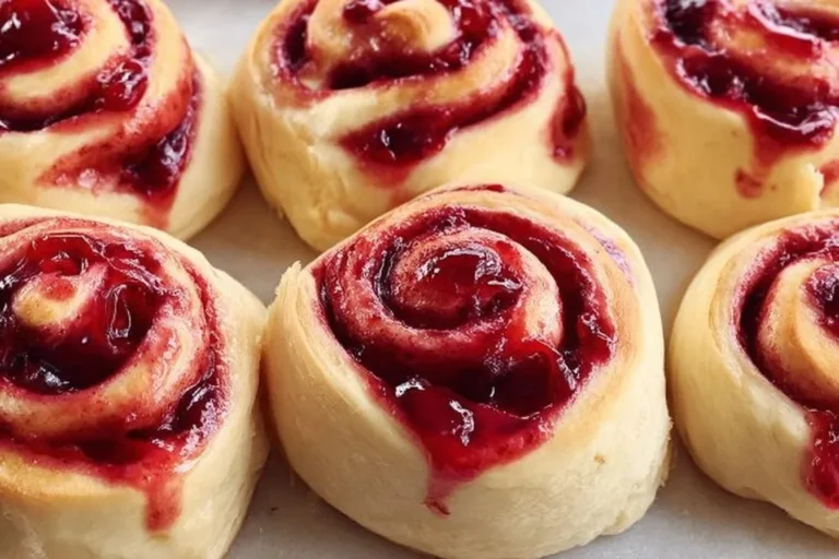Freshly baked cherry cinnamon rolls with homemade filling on a wooden table