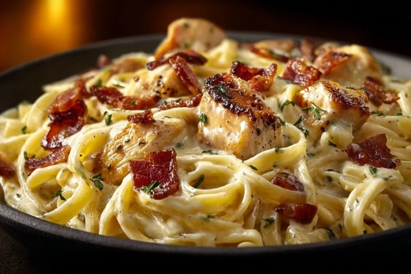 Delicious Chicken Bacon Ranch Pasta with creamy sauce and crispy bacon