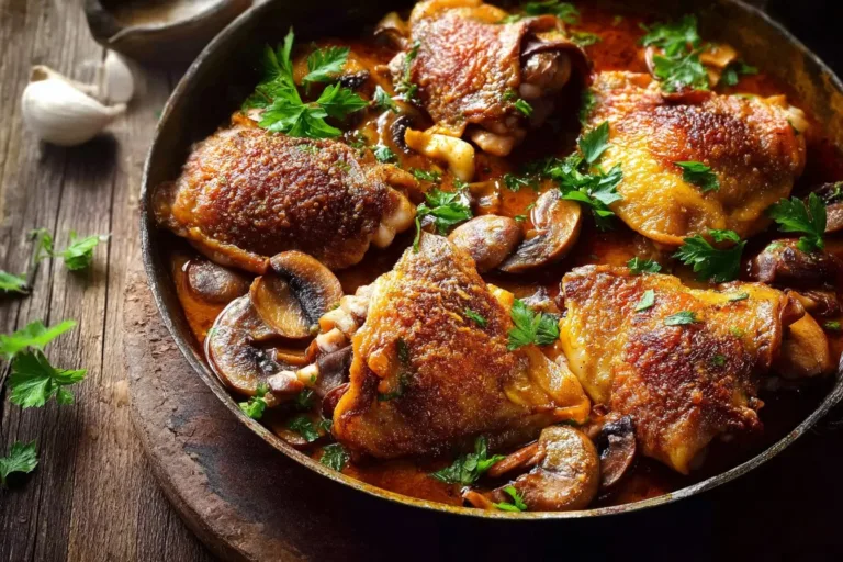 Serving of Chicken Marengo with herbs and vegetables on a plate
