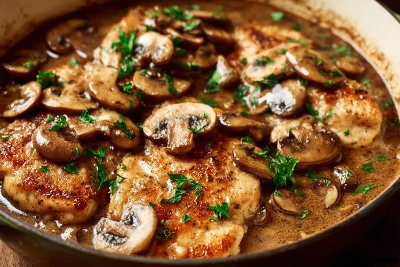 Plate of Chicken Marsala with mushrooms and sauce, garnished for presentation.