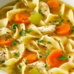 A bowl of homemade chicken noodle soup with fresh vegetables and herbs