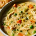 Creamy Chicken Pot Pie Soup with vegetables in a bowl.