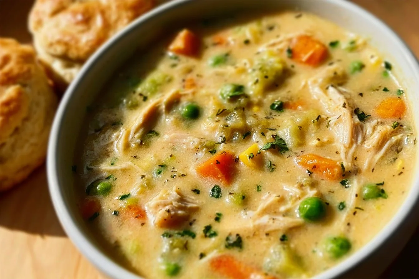 Creamy Chicken Pot Pie Soup with vegetables in a bowl.