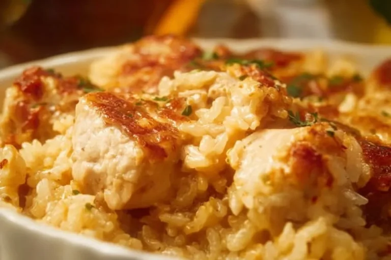 Delicious Chicken Rice Casserole served in a rustic dish, garnished with herbs.