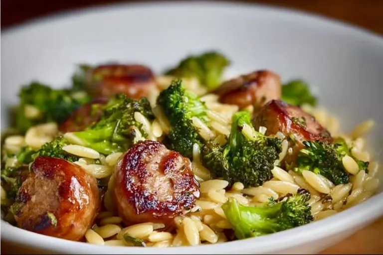 Plate of Chicken Sausage and Broccoli Orzo garnished with herbs