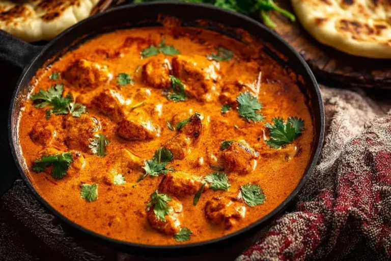 Delicious Chicken Tikka Masala served with rice and naan bread.