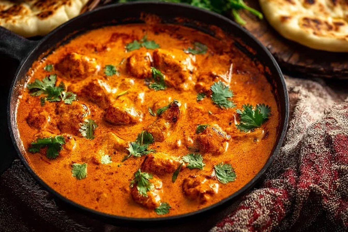 Delicious Chicken Tikka Masala served with rice and naan bread.