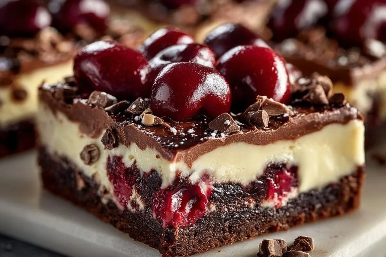 Delicious Chocolate Cherry Cheesecake Bars topped with cherries and chocolate drizzle