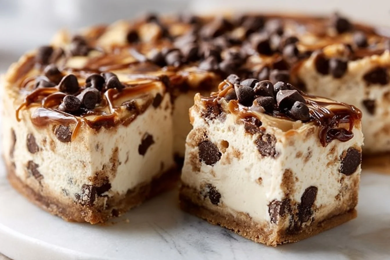 Delicious chocolate chip cheesecake topped with cookie dough