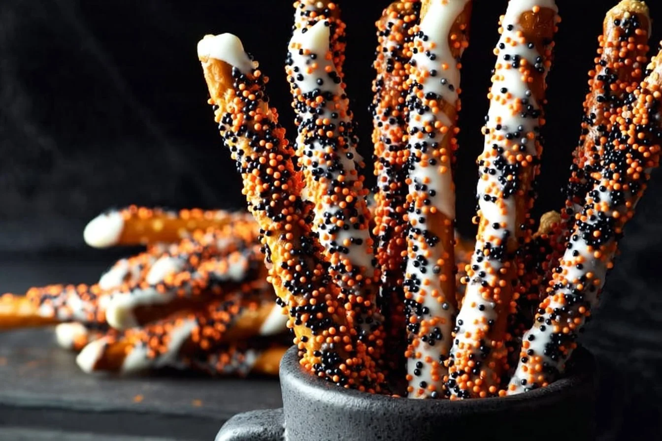 Delicious chocolate-covered pretzel rods drizzled with colorful toppings