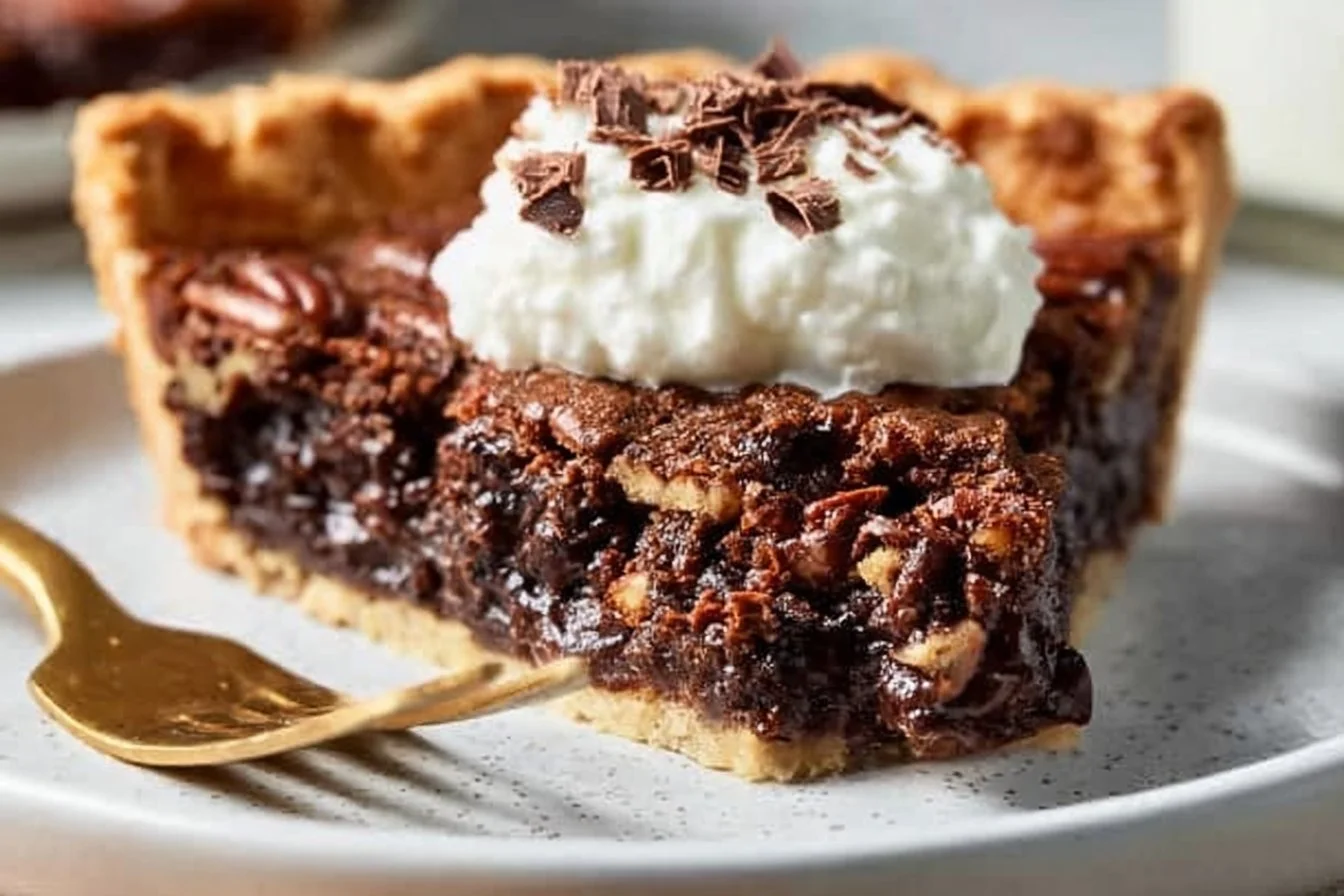 Delicious homemade Chocolate Pecan Pie garnished with pecans and chocolate drizzle