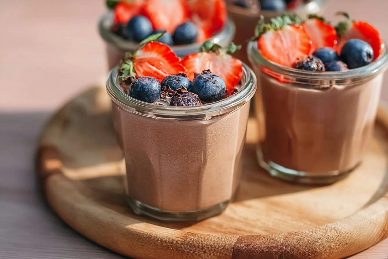 Delicious chocolate protein pudding served in a bowl topped with berries