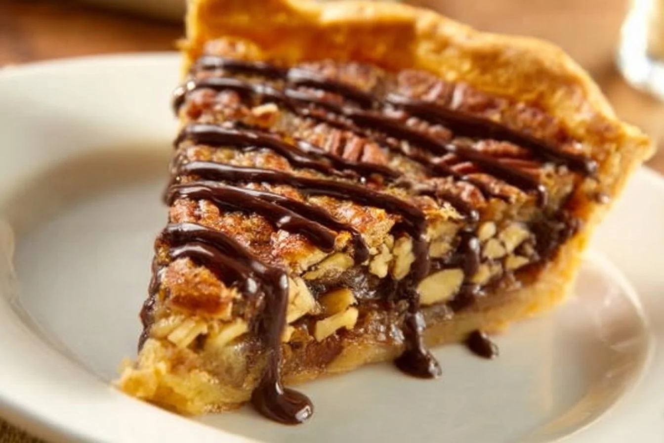 Delicious Chocolate Turtle Pie topped with chocolate, caramel, and pecans