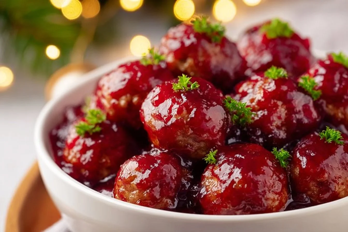 Delicious Christmas cranberry meatballs served on a festive platter.