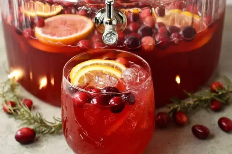Colorful Christmas Holiday Punch served in a festive glass, garnished with fruits.