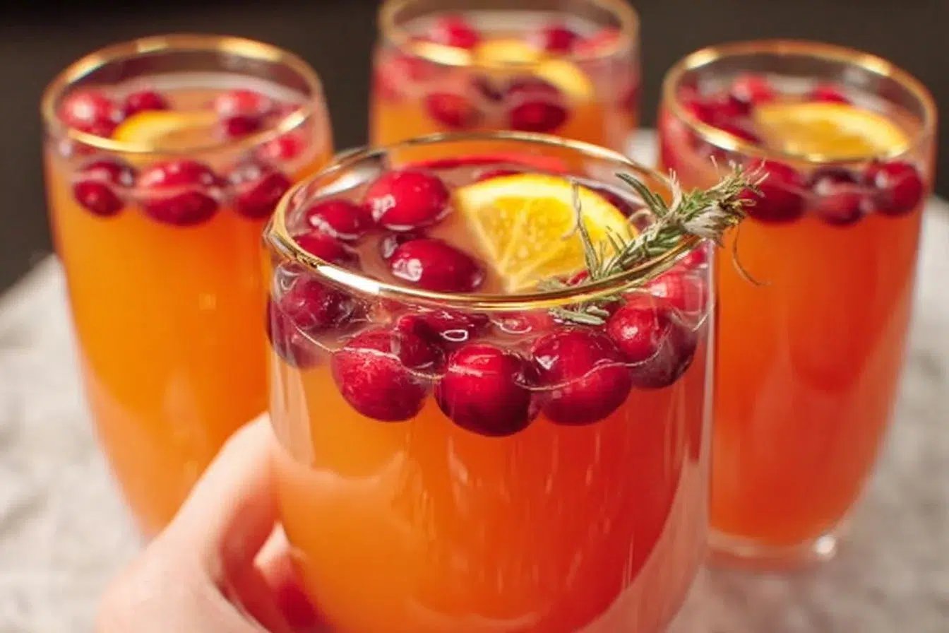 Festive Christmas Morning Punch in a beautiful serving bowl with garnishes