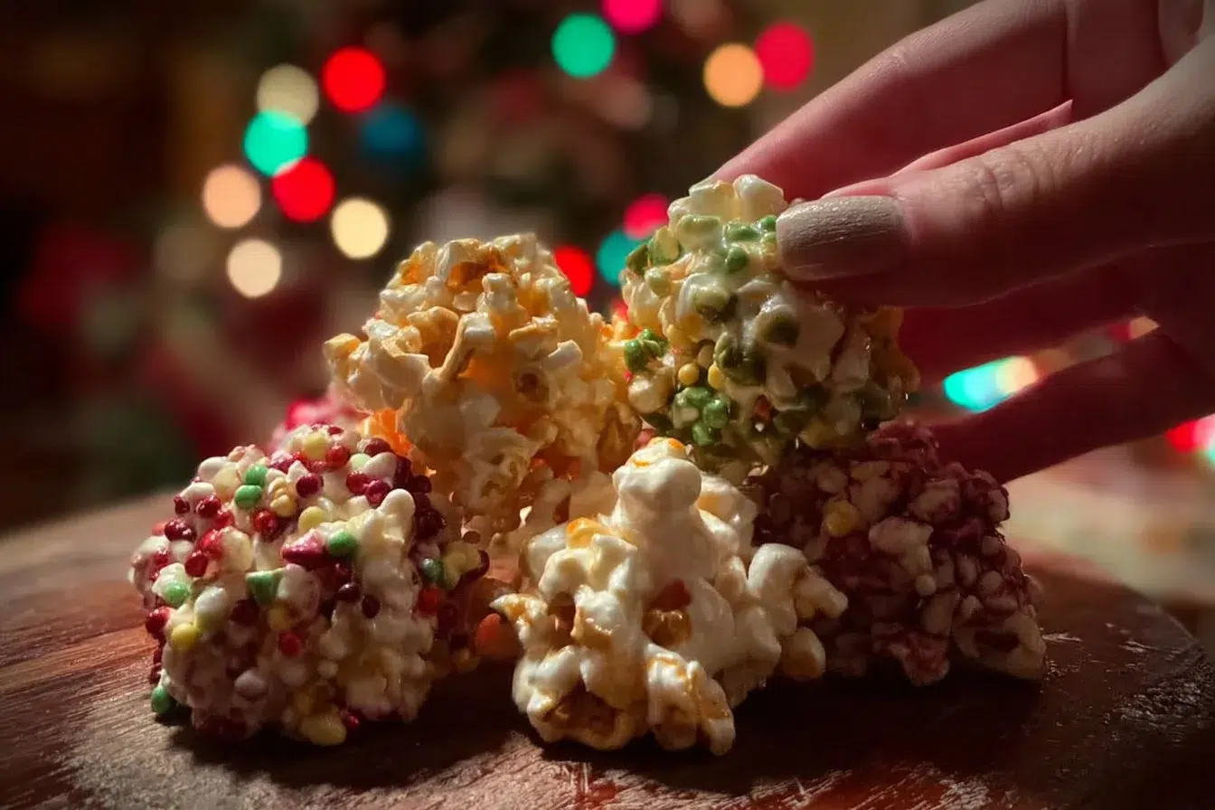 Festive Christmas popcorn balls with colorful toppings and decorations