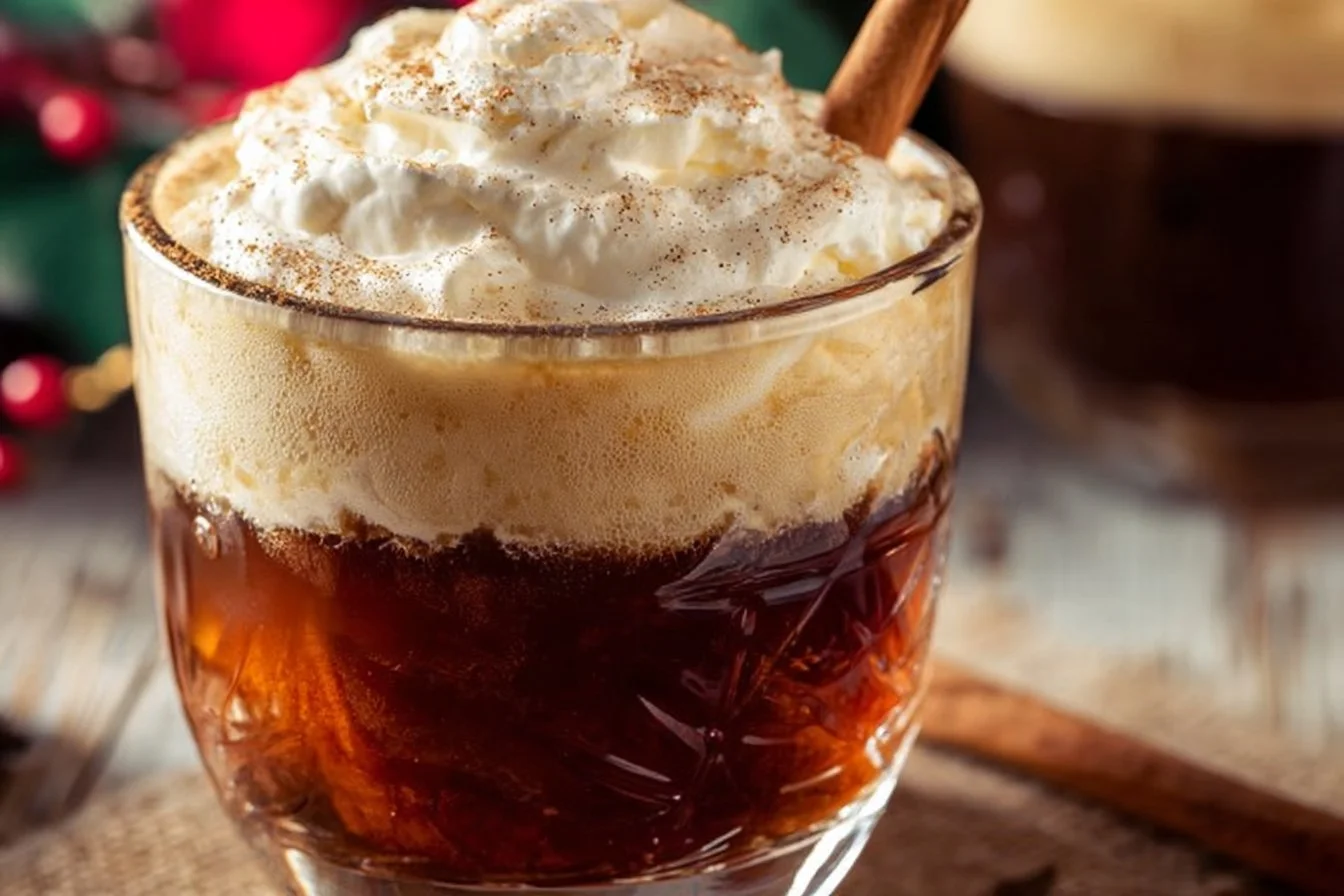 Cup of Christmas spiced coffee topped with whipped cream and cinnamon.