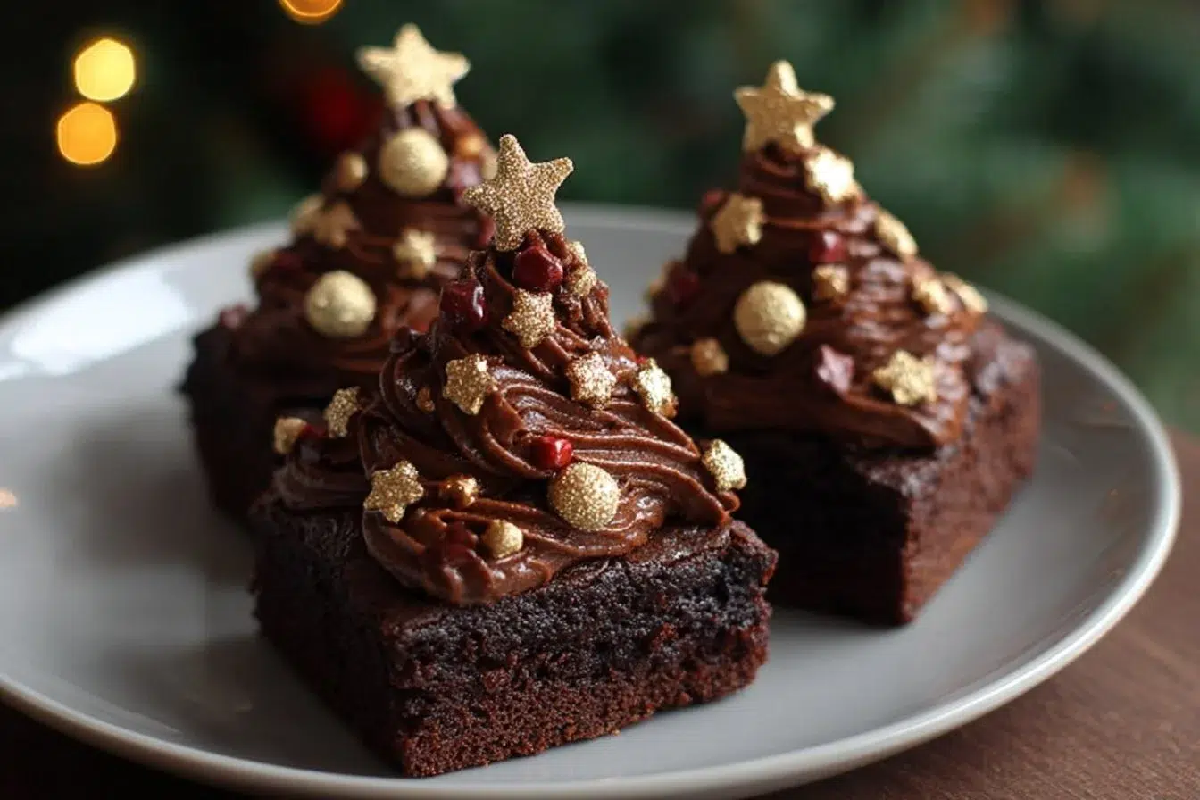 Festive Christmas Tree Brownies decorated with green frosting and sprinkles