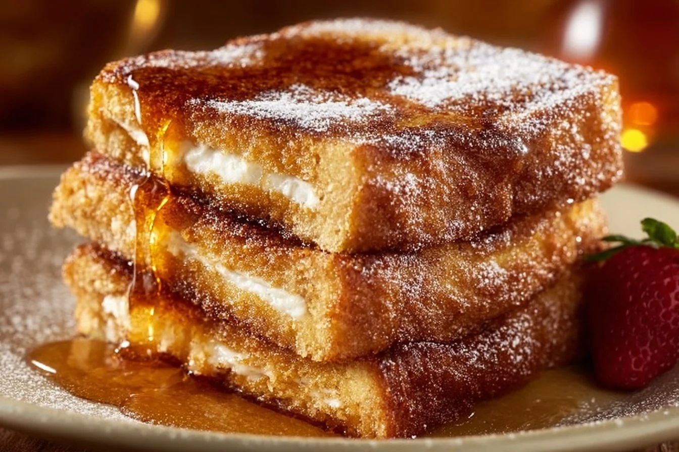 Delicious Churro French Toast topped with cinnamon sugar and served on a plate