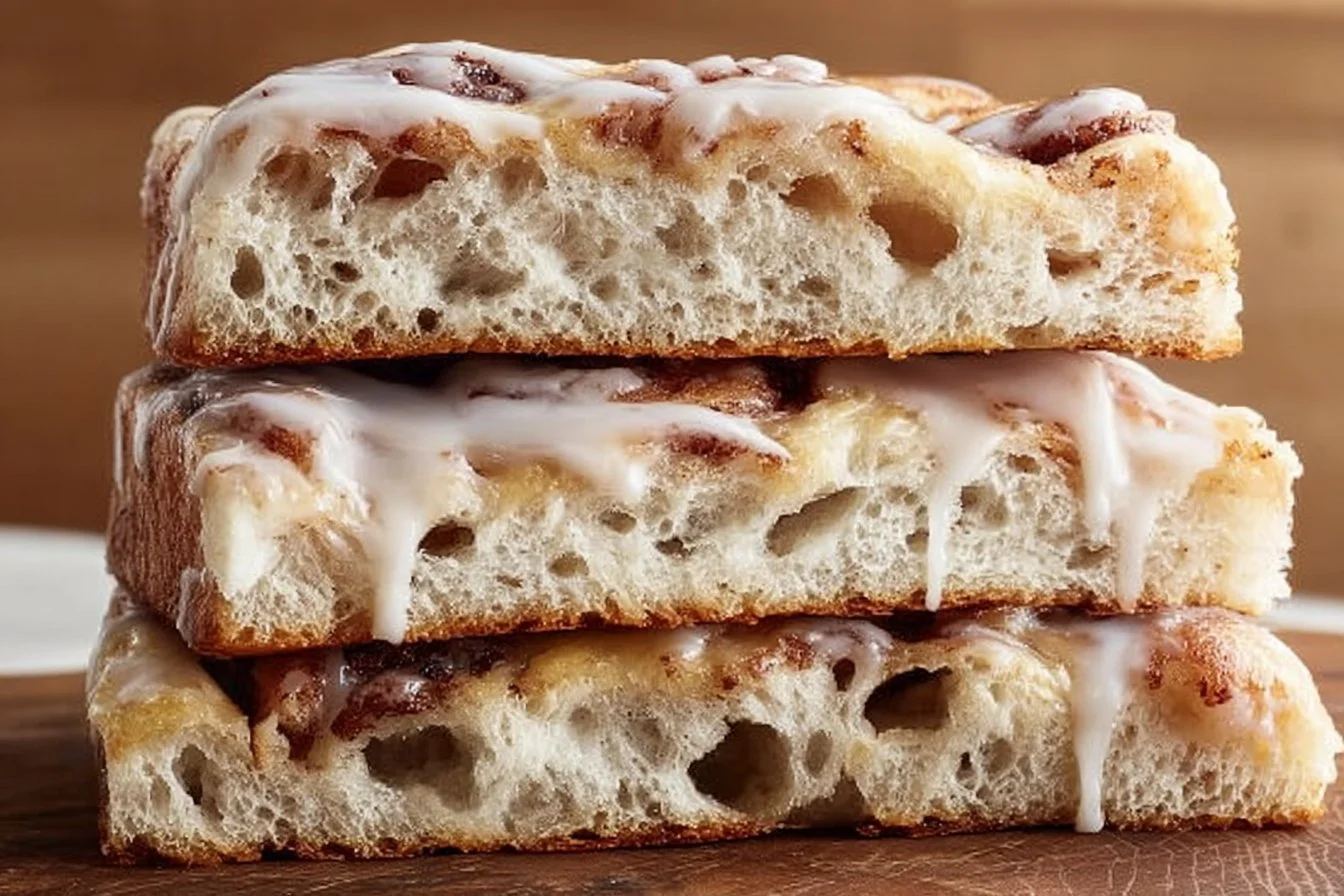 Cinnamon Roll Focaccia topped with icing on a wooden surface.
