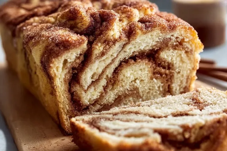 Loaf of homemade Cinnamon Sugar Bread topped with sugar and cinnamon.