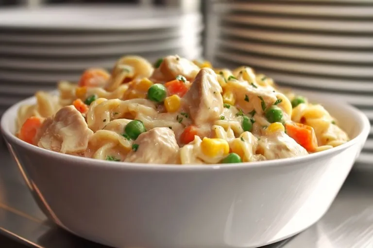 Delicious Classic Chicken Pot Pie Pasta served in a bowl with vegetables and chicken.
