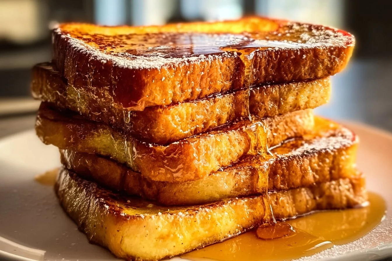 Delicious classic French toast plated with syrup and berries
