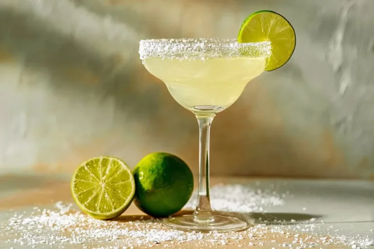 Classic margarita cocktail with lime and salt rim in a glass