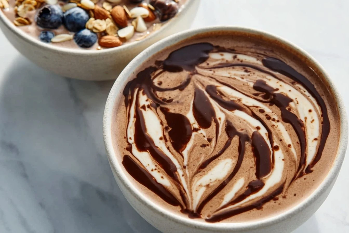 Coffee protein smoothie bowl topped with fruits and nuts