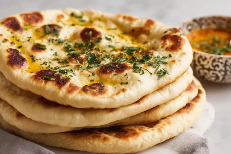 Homemade cottage cheese garlic naan, high protein, yeast-free, served on a plate.