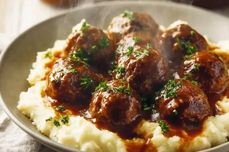 Cozy Crockpot Salisbury Steak Meatballs served on a plate with gravy.