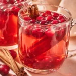 Warm cup of cozy hot apple cider with cranberry garnished with cinnamon sticks