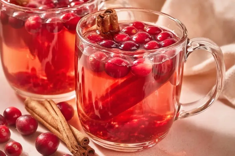 Warm cup of cozy hot apple cider with cranberry garnished with cinnamon sticks