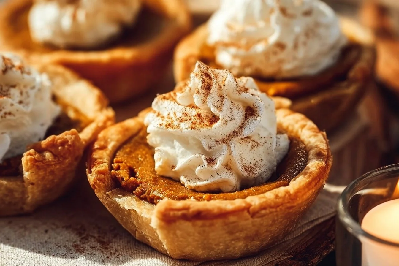 Mini pumpkin pies on a wooden table, decorated for fall.