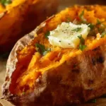 Oven-baked sweet potatoes served on a plate with herbs and spices