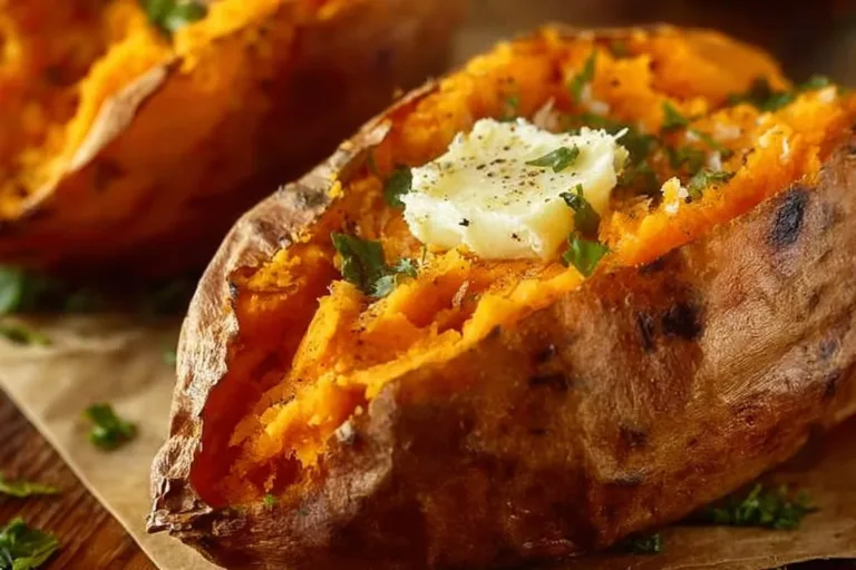 Oven-baked sweet potatoes served on a plate with herbs and spices