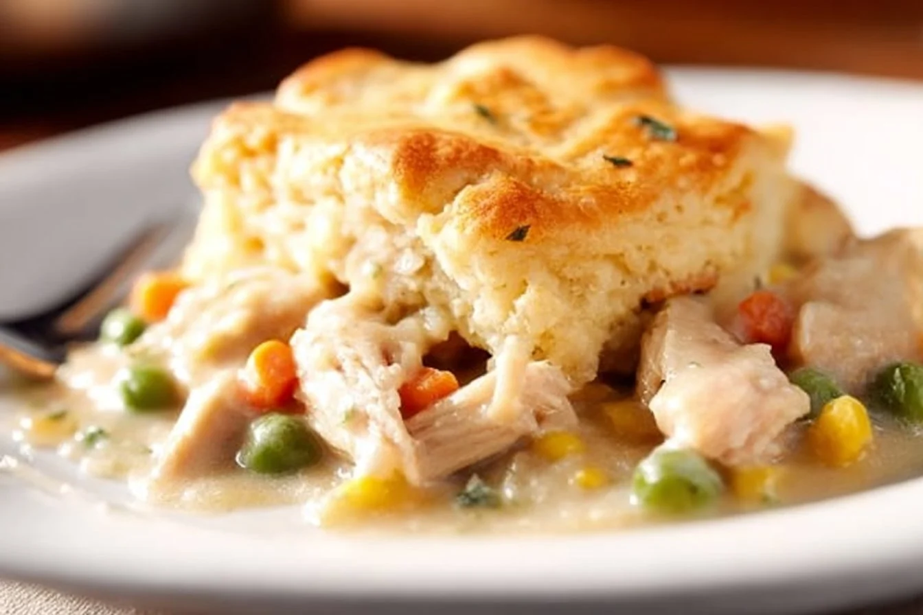 Cozy chicken pot pie cobbler topped with golden crust and hearty fillings.