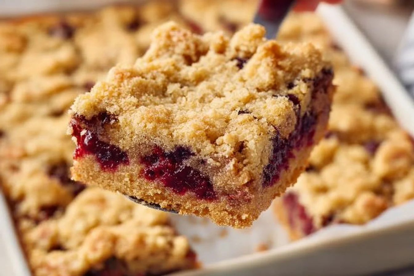 Delicious cranberry crumble bars with a golden topping on a wooden table.