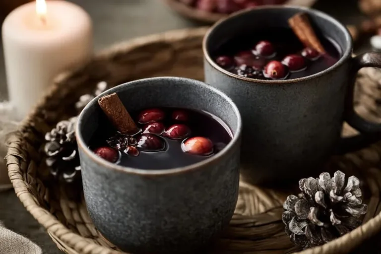 A warm Cranberry Hot Toddy garnished with a cinnamon stick and fresh cranberries.